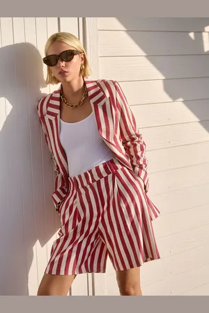 Next Red/Ecru Striped Tailored Shorts with Linen