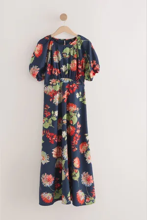 Next Blue Floral Print Puff Sleeve Midi Dress