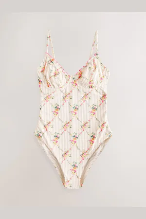 Next Cream/ Stripe Floral Non Padded Wired Tummy Control Swimsuit