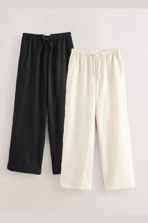 Next Neutral/ 2 Pack Wide Leg Textured Trousers with Linen
