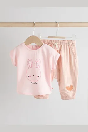 Next / Pink Bunny Stripe Baby 100% Cotton T-Shirt and Wide Leg Trousers Set 2 Piece