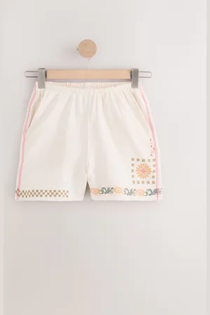 Next Ecru 100% Cotton Pretty Floral Embroidered Graphic Shorts