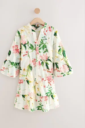 Next Kew Collection Floral Stripe Print Broderie 100% Cotton Shirt Mini Dress