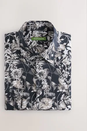 Next Mono Regular Fit Kew Collection 100% Cotton Floral Long Sleeve Single Cuff Shirt