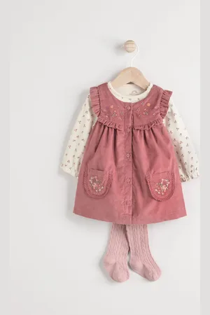 Next Embroidered Baby Corduroy Pinafore 100% Cotton Dress With Tights (0mths-2yrs)