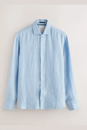 Next Light Regular Fit Stripe 100% Linen Basket Weave Long Sleeve Smart Shirt with Cutaway Collar