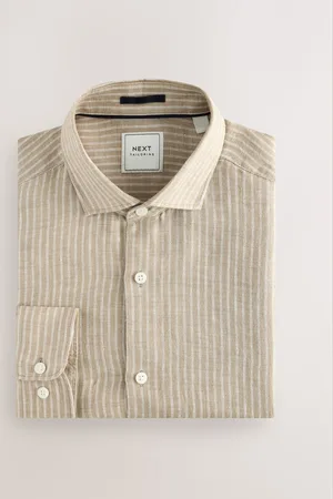 Next Brown Regular Fit Stripe 100% Linen Basket Weave Long Sleeve Smart Shirt with Cutaway Collar