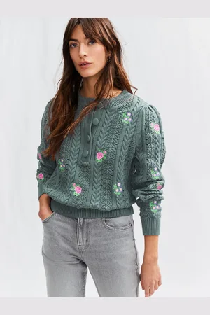 Next Dark Sage Floral Embroidered Henley Knitted Jumper With Cotton
