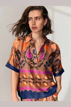 Next Floral Print V-Neck Collared Satin Shirt
