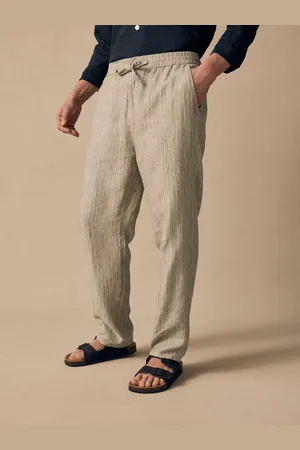 Next Stripe Regular Tapered Fit 100% Linen Signature Elasticated Waist Drawstring Trousers