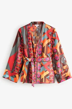 Next Red Geometric Print Satin Textured Drape Kimono