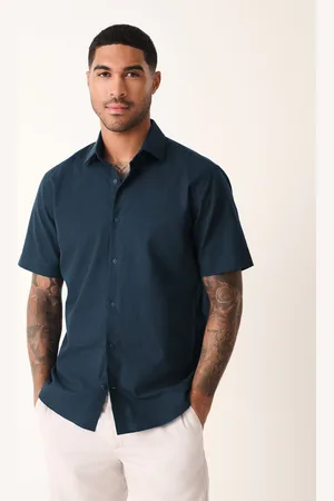 Next Blue Regular Fit Cotton Blend Short Sleeve Cutaway Collar Shirt
