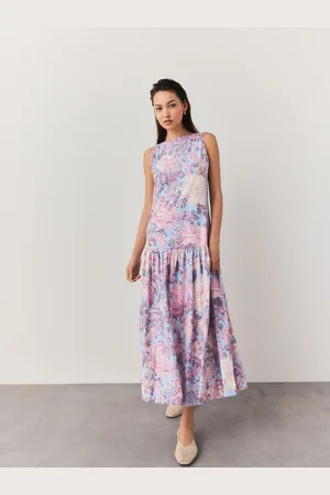 Next Pastel Floral Sleeveless Drop Waist 100% Cotton Crew Neck Midi Dress