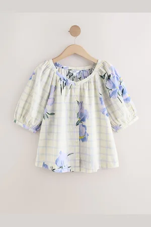 Next Purple Floral and Check Print Floral Embroidered Puff Short Sleeve 100% Cotton Top