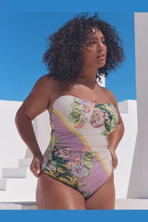 Next Lilac/ Floral Print DD+ Bandeau Tummy Control Swimsuit