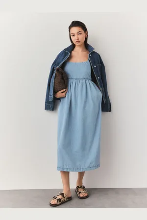 Next Mid Strappy Denim 100% Cotton Midi Dress