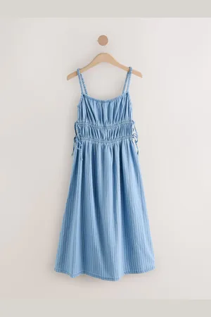 Next Mid 100% Cotton Striped Denim Strappy Midi Dress
