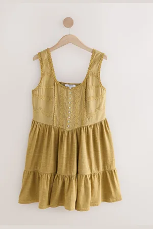 Next Ochre Yellow Embroidery Corset Waist Mini 100% Cotton Dress