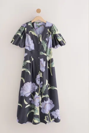 Next Kew Collection Floral Button Down Puff Sleeve Midi Dress with Linen