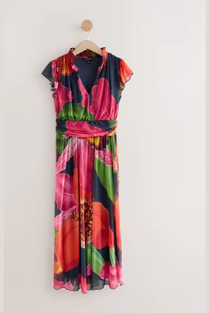 Next Floral Kew Collection Pleated Mesh Print V-Neck Occasion Midi Dress