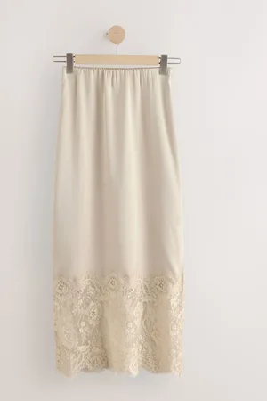 Next Champagne Satin Midi Skirt With Lace Trim
