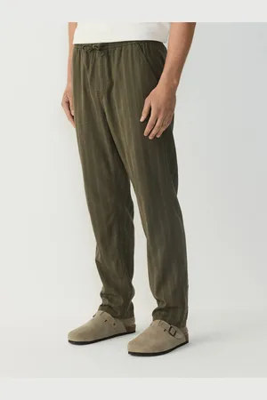Next Khaki Regular Tapered Fit Cotton Linen Striped Trousers