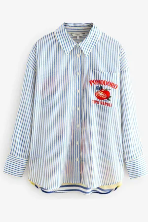 Next Blue/ Stripe Tomato Graphic Long Sleeve 100% Cotton Relaxed Lightweight Shirt