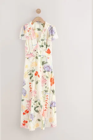 Next Kew Collection & Purple Floral Flutter Sleeve V-Neck Tie Waist Maxi Dress