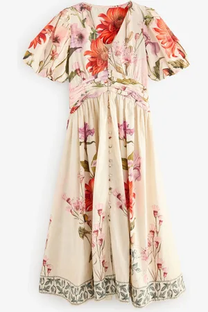 Next Ecru Floral Puff Sleeve Button Down Occasion Maxi 100% Cotton Dress