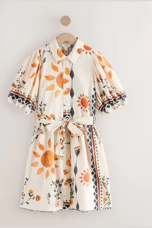 Next Ecru/ Sun Print Puff Sleeve Tie Waist Mini Shirt Dress