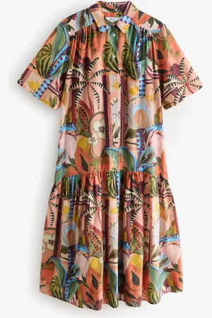 Next Papaya Fruit Print Short Sleeve Drop Waist 100% Cotton Maxi Shirt Dress