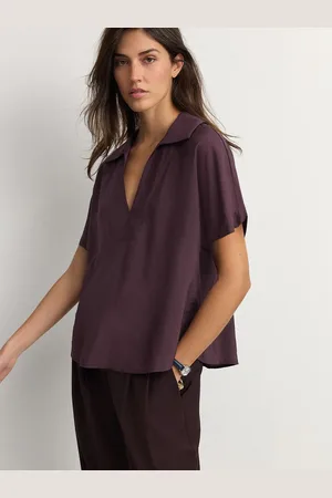 Next Red Burgundy Relaxed Fit Short Sleeve V-Neck Overhead Top with Collar