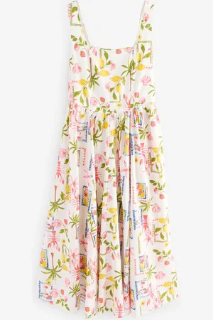 Next Postcard Print 100% Cotton Square Neck A-Line Midi Dress
