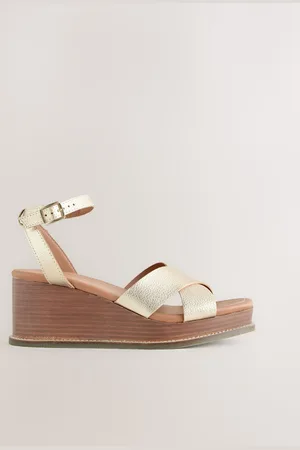 Next Metallic Forever Comfort Leather Square Toe Cross-Over Detail Wedges
