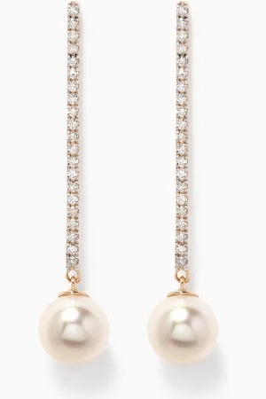 Mateo New York Diamond Bar & Pearl Drop Earrings in 14kt Gold