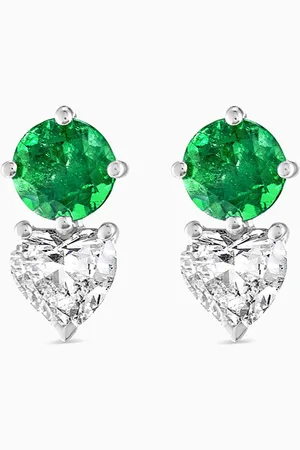 Fergus James Emerald & Heart Diamond Stud Earrings in 18kt White Gold