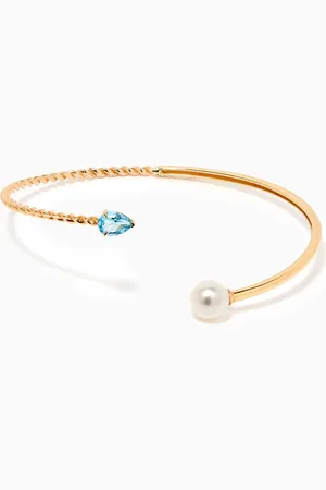 Damas Kiku Freshwater Pearl & Blue Topaz Bangle in 18k Gold
