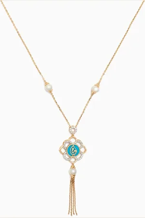 Damas Ummi Dangle Necklace with Diamonds, Pearls & Turquoise in 18kt Gold