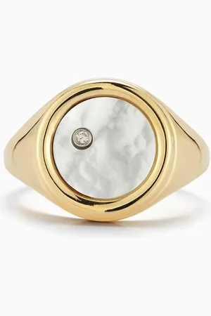 Mateo New York Mother-of-Pearl & Diamond Coin Signet Ring in 14kt Gold