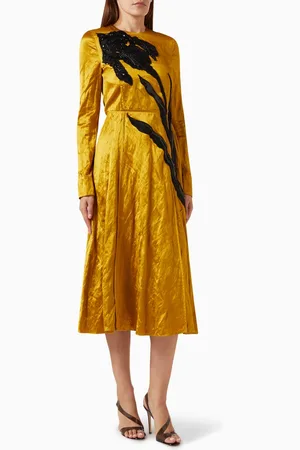 Erdem Long Sleeve Midi Dress in Textured Satin