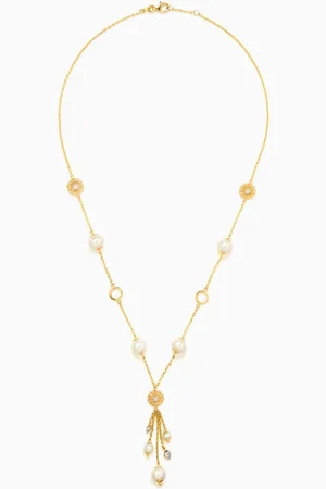Damas Kiku Freshwater Pearl Charm Tassel Necklace in 18kt Gold
