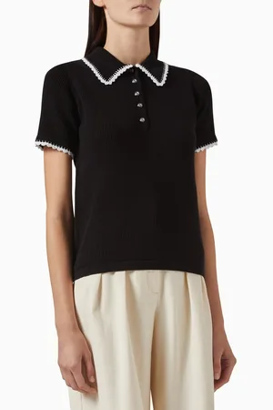 Maje Diamanté-trim Polo Shirt in Pointelle Knit