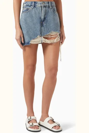 GOOD AMERICAN Shredded Mini Skirt in Denim