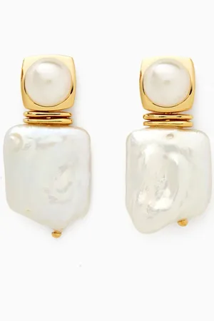 Missoma Square Pearl Statement Earrings in 18kt Recycled Gold-plated Brass