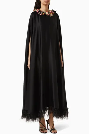 Nihan Peker Sprinkle Detachable Necklace Feather Maxi Dress in Satin