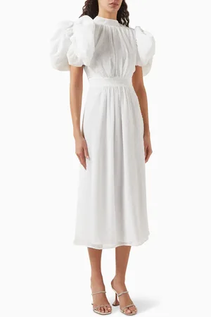 ROTATE Puff-sleeve Midi Dress in Crepe