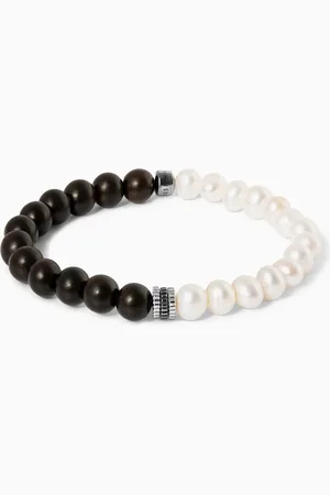 Tateossian Gear Trio Wood & Pearl Beads Bracelet in Rhodium-plated Sterling Silver