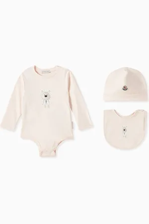 Moncler Sleepsuit, Bib and Beanie Set in Cotton