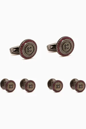 Tateossian Button Mother-of-Pearl & Rubies Cufflinks & Stud Set in Sterling Silver