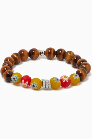 Tateossian Medium Millefiori Maxi Beaded Tiger Eye Bracelet in Stainless Steel